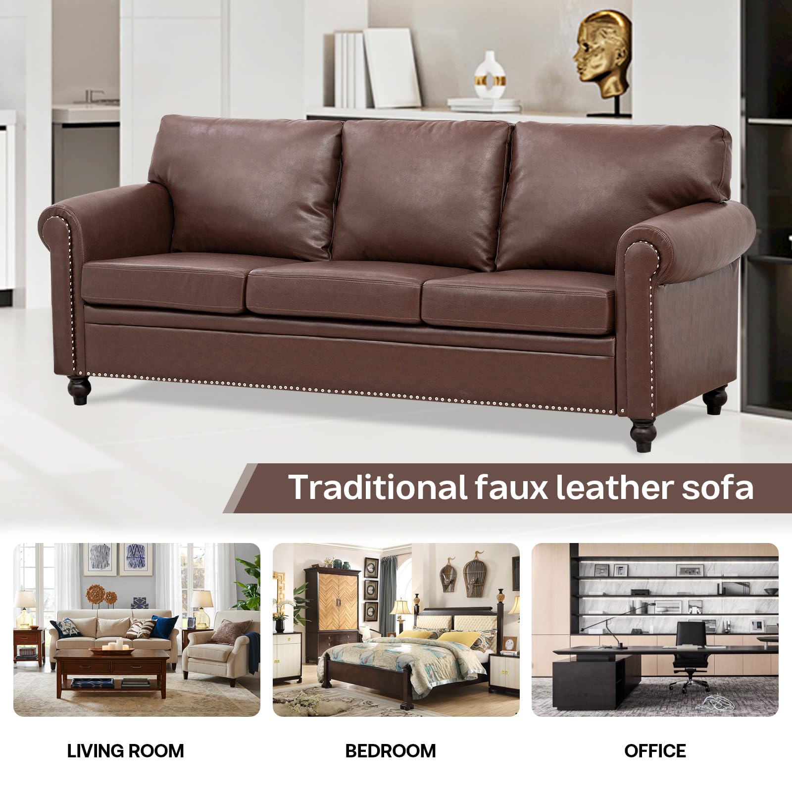 INOTEVERITORY Brown Leather Couch，Comfy Classic 3 Seater Living Room Sofa，Mid-Century Modern Sofa with Detachable Cushions 84" for Living Rooms, Bedrooms, Offices,Apartments Tool-Free Assembly