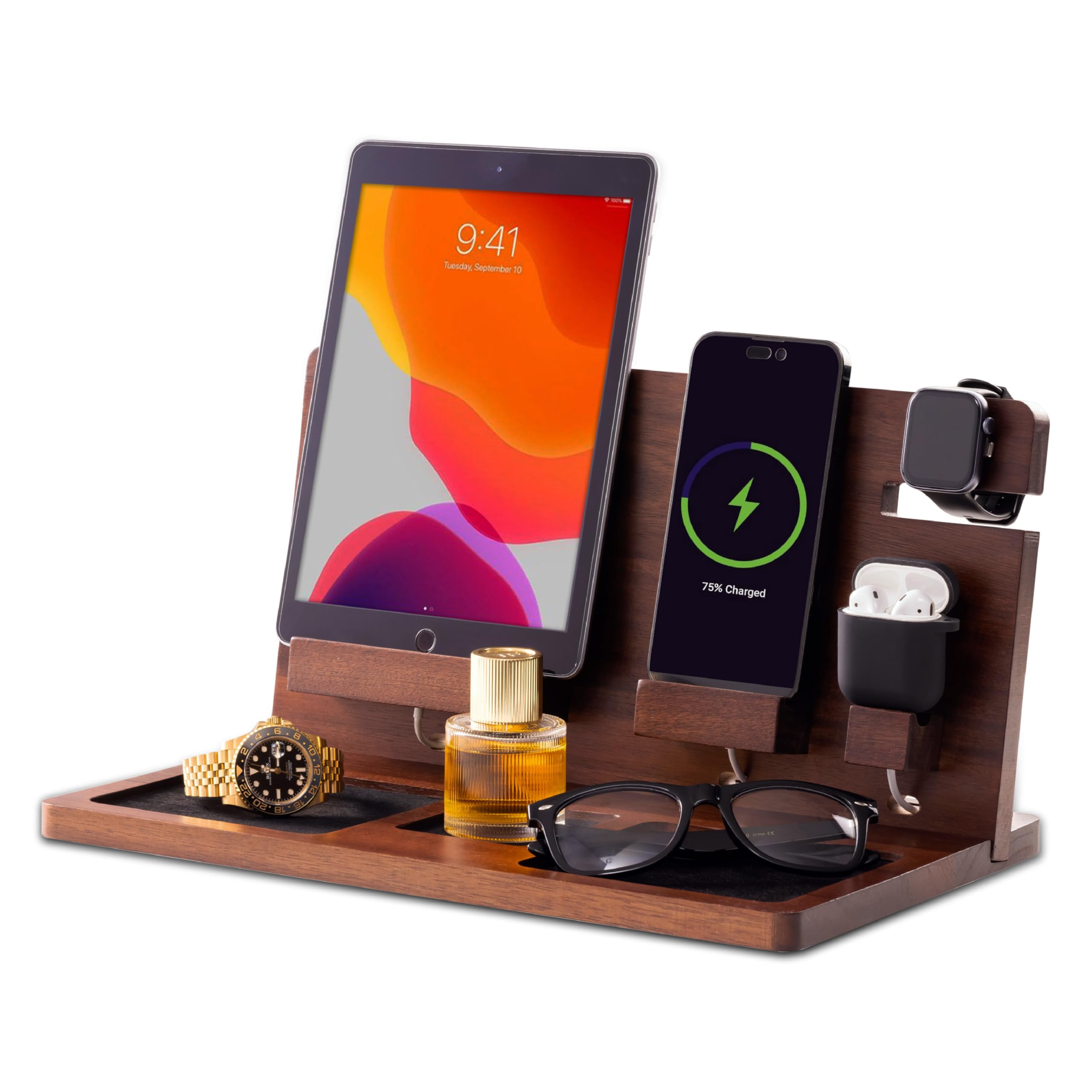 Wooden Nightstand Organizer - Nightstand organizer for men - Phone Key Stand - Mens nightstand organizer with hidden wire grooves - Nightstand Docking Station with felt lining