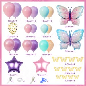 163Pcs Butterfly Pink and Purple Balloons Garland Arch Kit, Birthday Baby Shower Decorations Pink Purple Blue Confetti Star Balloons for Girls Women Bridal Wedding Butterfly Party Baby Shower Supplies