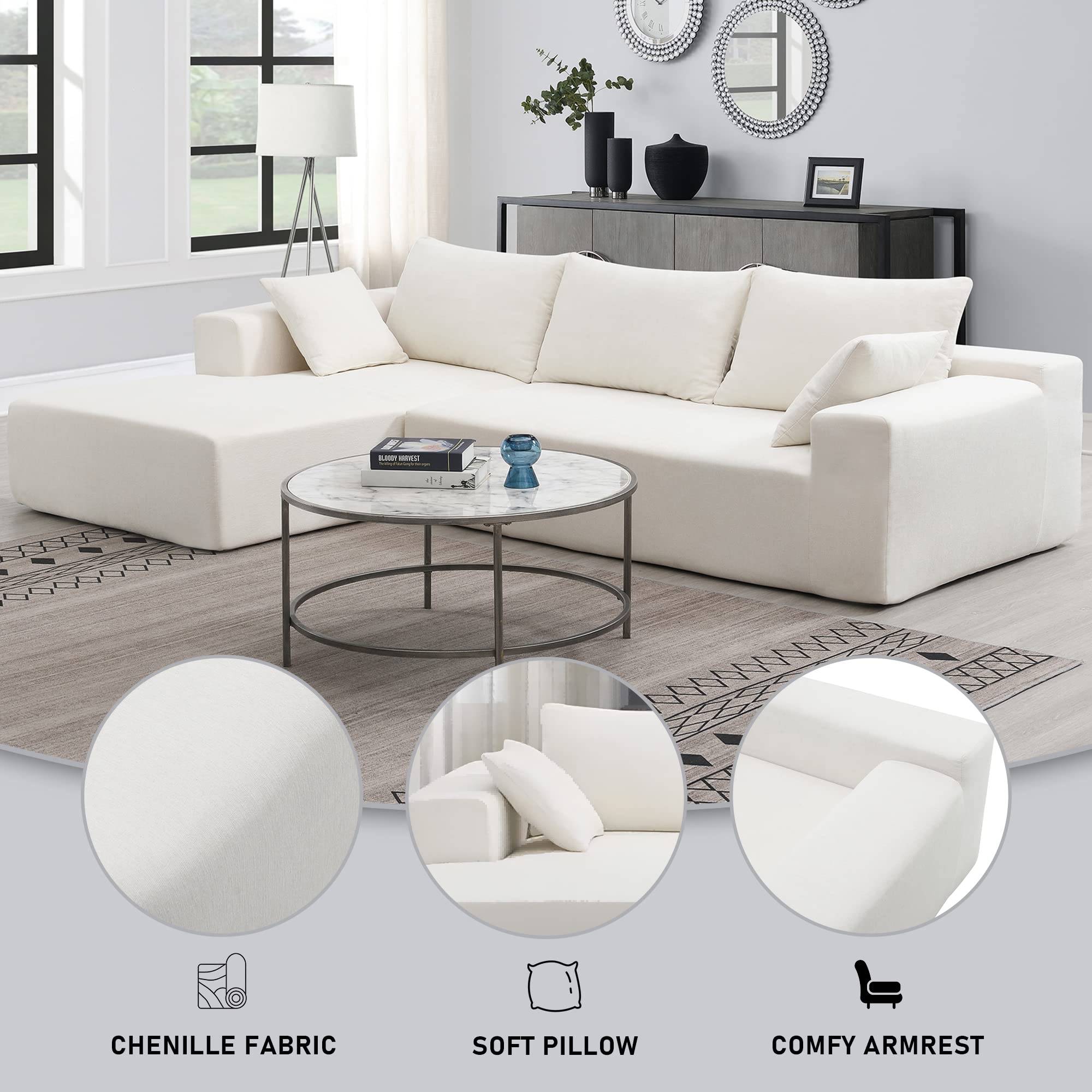 Yoglad L Shaped Sectional Sofa Set, 4-Seat Upholstered Couch,Free Combination Sofa, for Living Room,Bedroom,Office,Apartment (109IN,White Chenille)