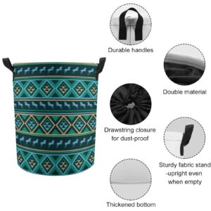 Large Laundry Basket, Teal Green Native American Tribal Ethnic Western Horse Collapsible Drawstring Laundry Hamper, Waterproof Storage Baskets with Handles for Household Bedroom, Bathroom, Dorm