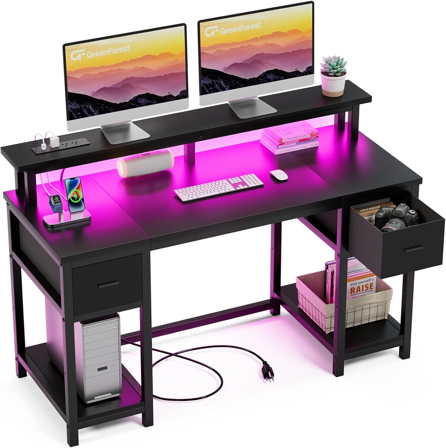 GreenForest Computer Desk 50 Inch with Monitor Stand and LED Lights, Gaming Desk with 2 Fabric Drawers and Power Outlets, Office Desk with Shelves, Black