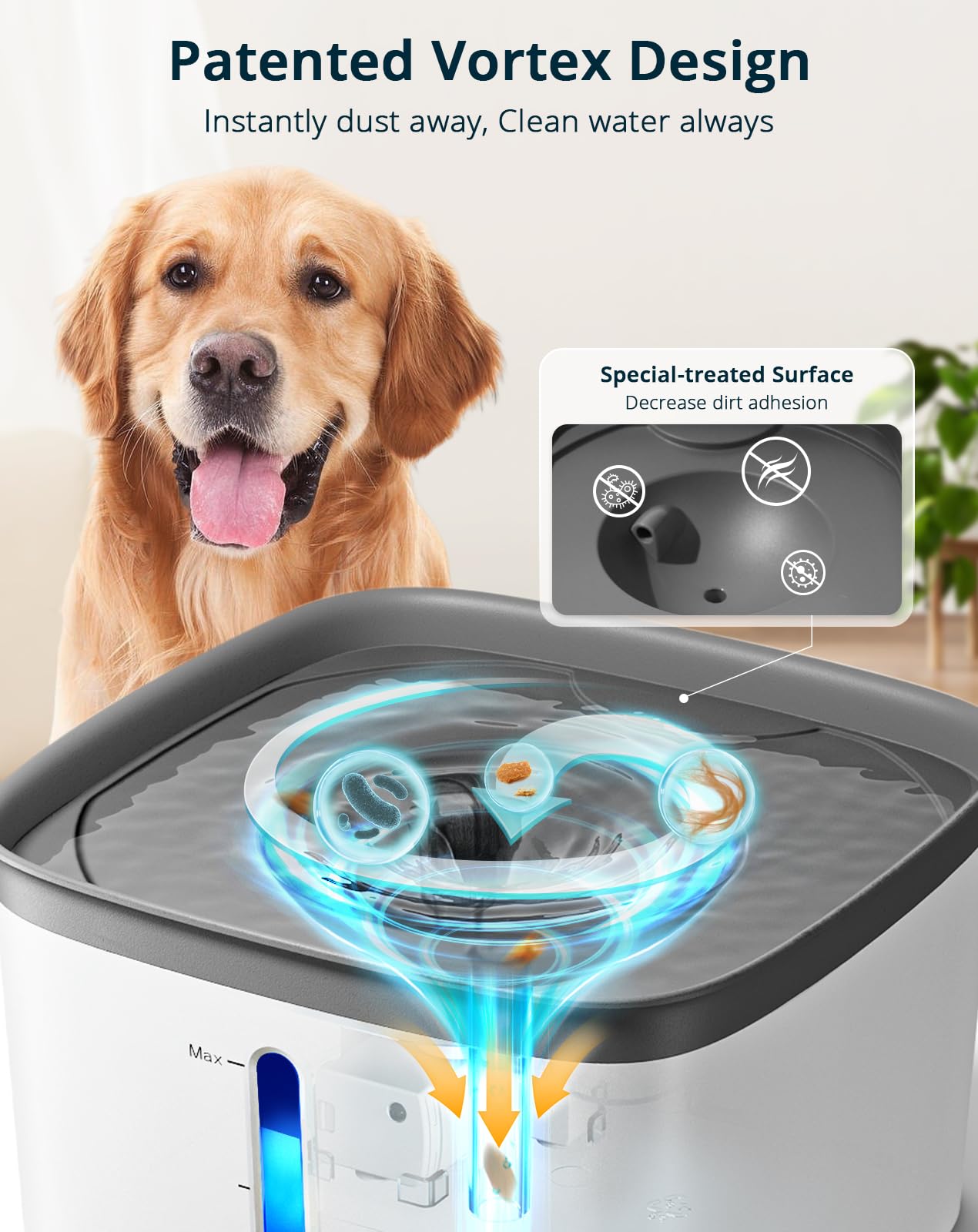 Cat Water Fountain, 135oz/4L Ultra Quiet Dog Water Bowl Dispenser, Instant Clean Vortex Design, Pet Water Fountain with Filter, Cats Dogs Pets Fountain for Drinking Automatic with LED Light (Gray)