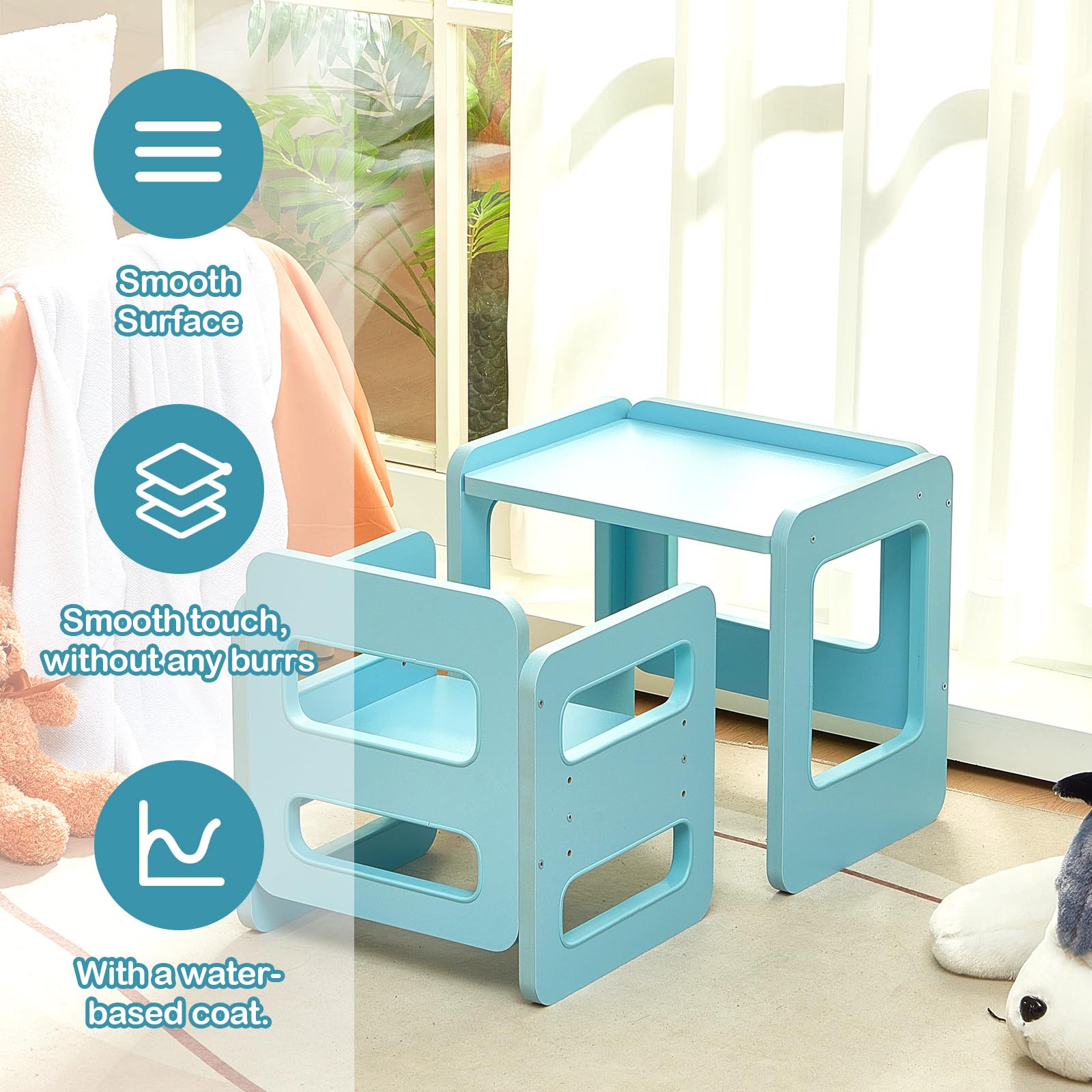 Beeveer Montessori Weaning Table and Chair Set Kids Toddler Wooden Table and Chair Set Adjustable Height Weaning Table with Fence for 8 Mouth-4 Years Old Activity Reading Play Toys Gift(Blue)