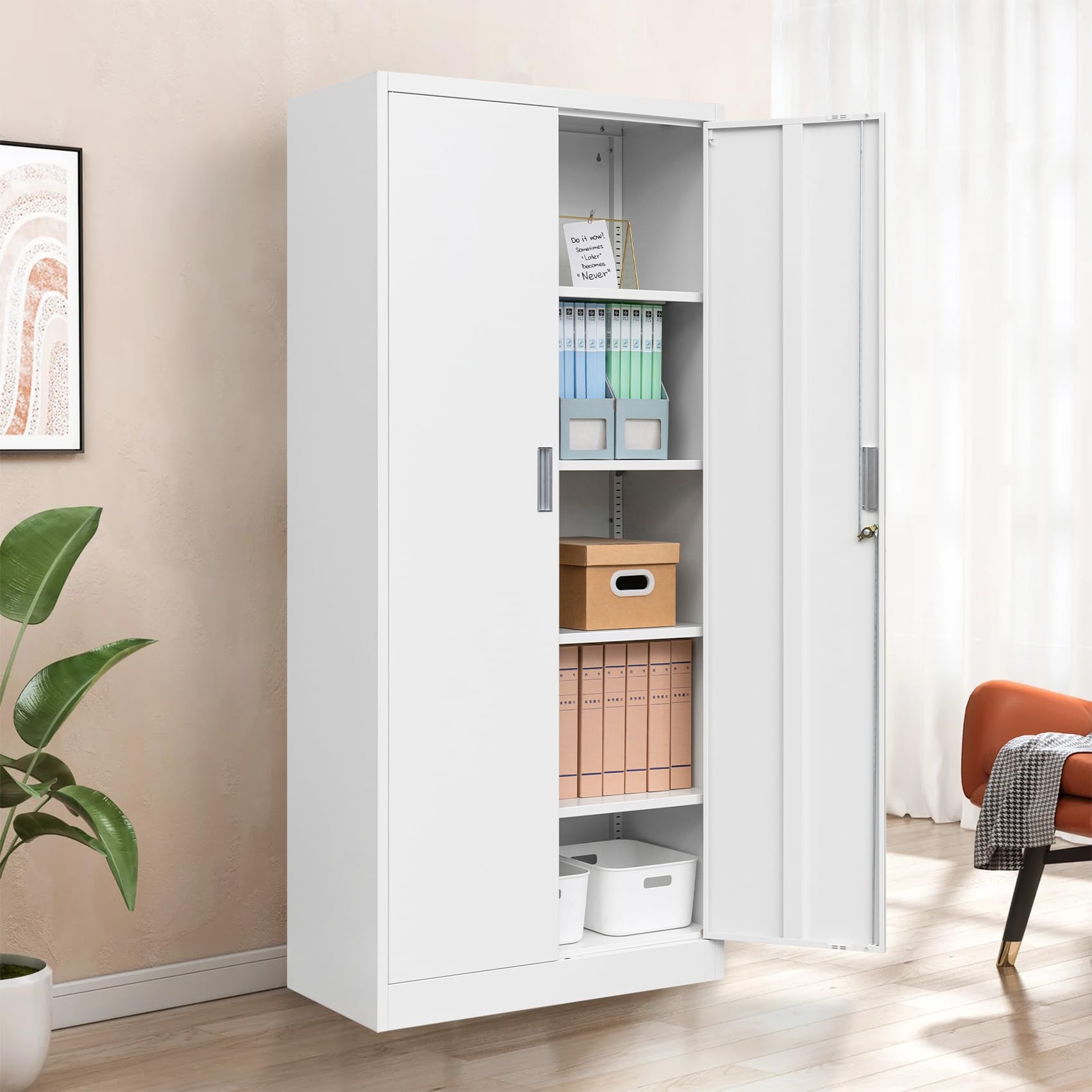 BESFUR Metal Storage Cabinet, 72" - White Garage Metal Cabinet, Adjustable Shelves and Locking Doors for Office, School, Garage