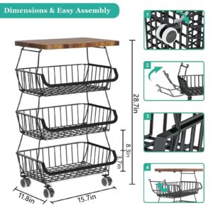 CHLORYARD Fruit Basket with Wooden Lid for Kitchen, 4-Tier Stackable Wire Fruit Vegetable Storage Basket Organizer Stand on Wheel, Produce Basket Potato Onion Storage Bins Rack Cart for Pantry