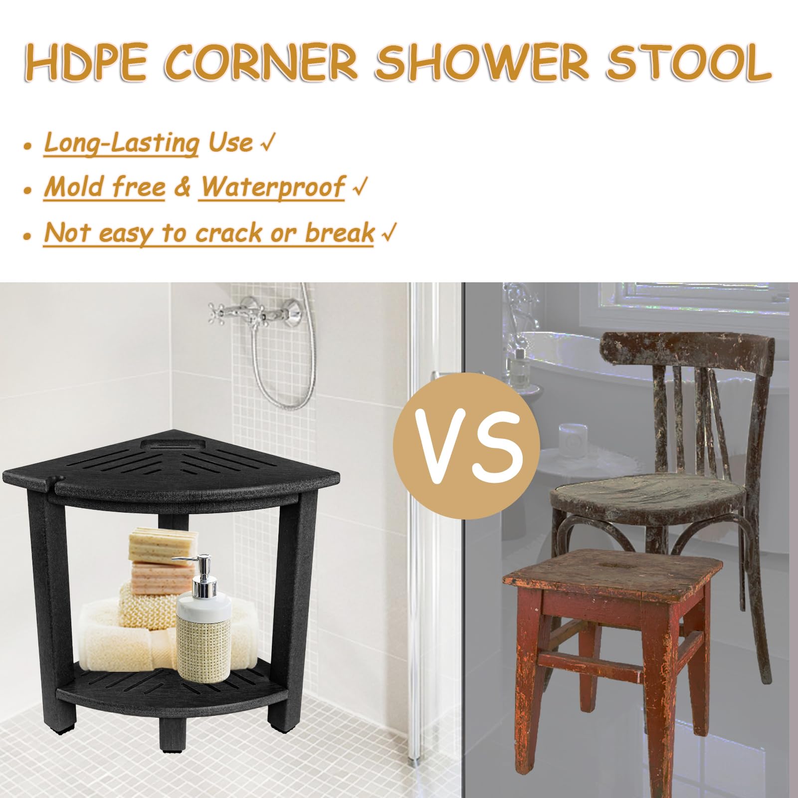 Corner Shower Stool for Inside Shower, Waterproof Shower Bench for Shaving Legs, Bathroom Bench Shower Seat with Storage (Black)