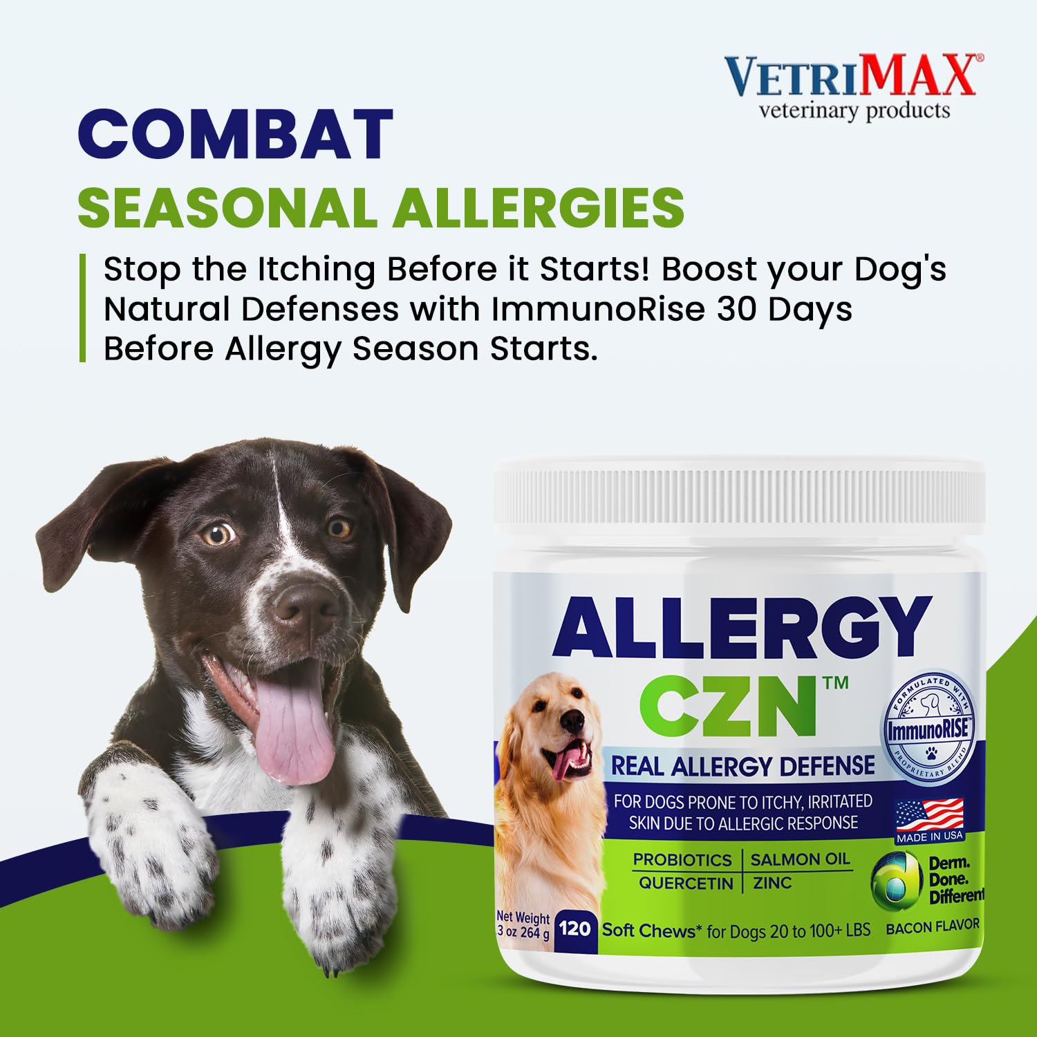 VetriMAX Allergy CZN - Itch and Allergy Chew for Dogs, Seasonal Allergies Anti Itch Dog Chewables with ImmunoRise Blend, 3 oz/120 Count