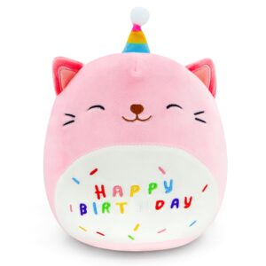 fafvbing 9 inch birthday plush pillow, soft plush toy, cute pink stuffed animal, home room decoration, birthday gift for kids toddlers (cat cap)