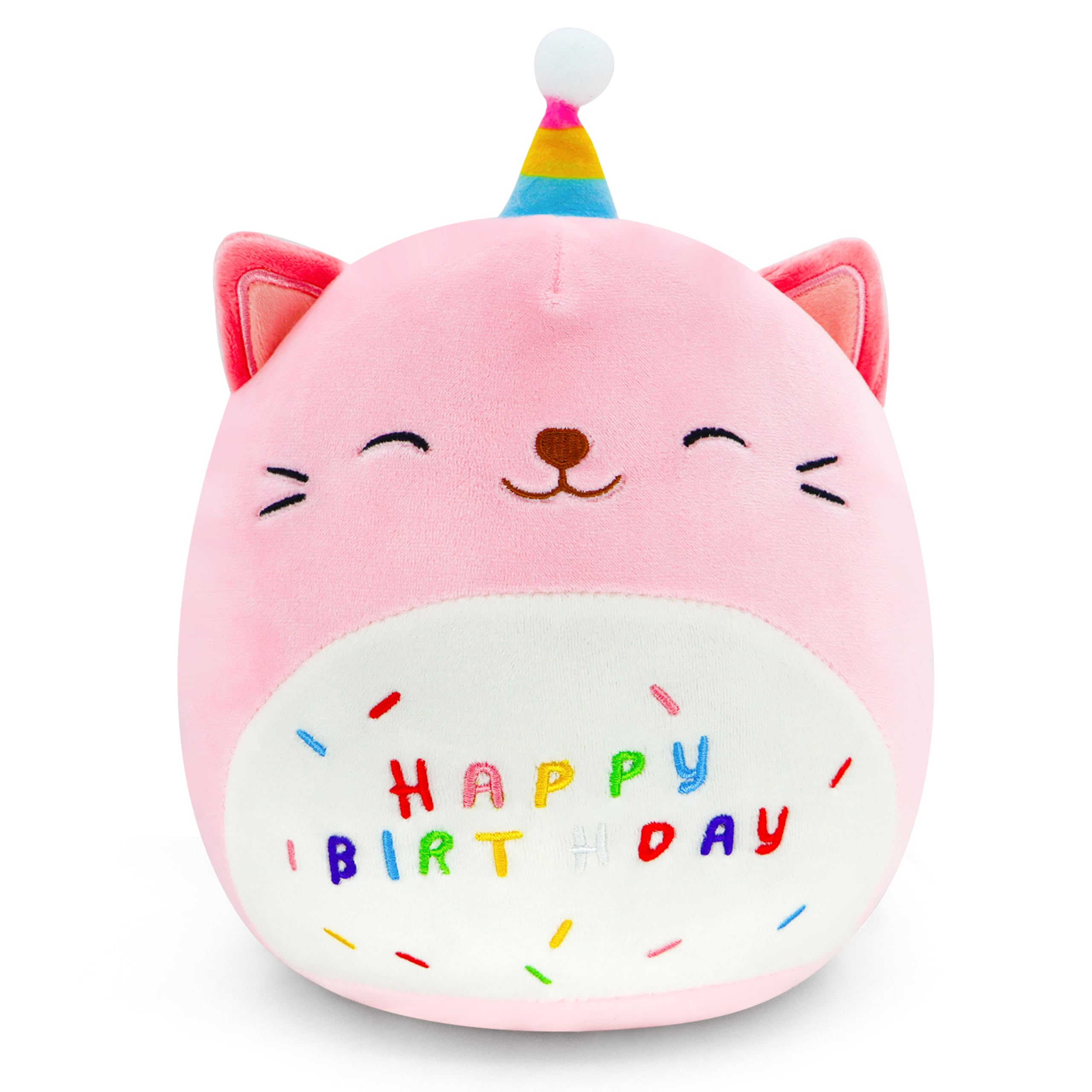 FAFVBING 9 inch Birthday Plush Pillow, Soft Plush Toy, Cute Pink Stuffed Animal, Home Room Decoration, Birthday Gift for Kids Toddlers (Cat Cap)