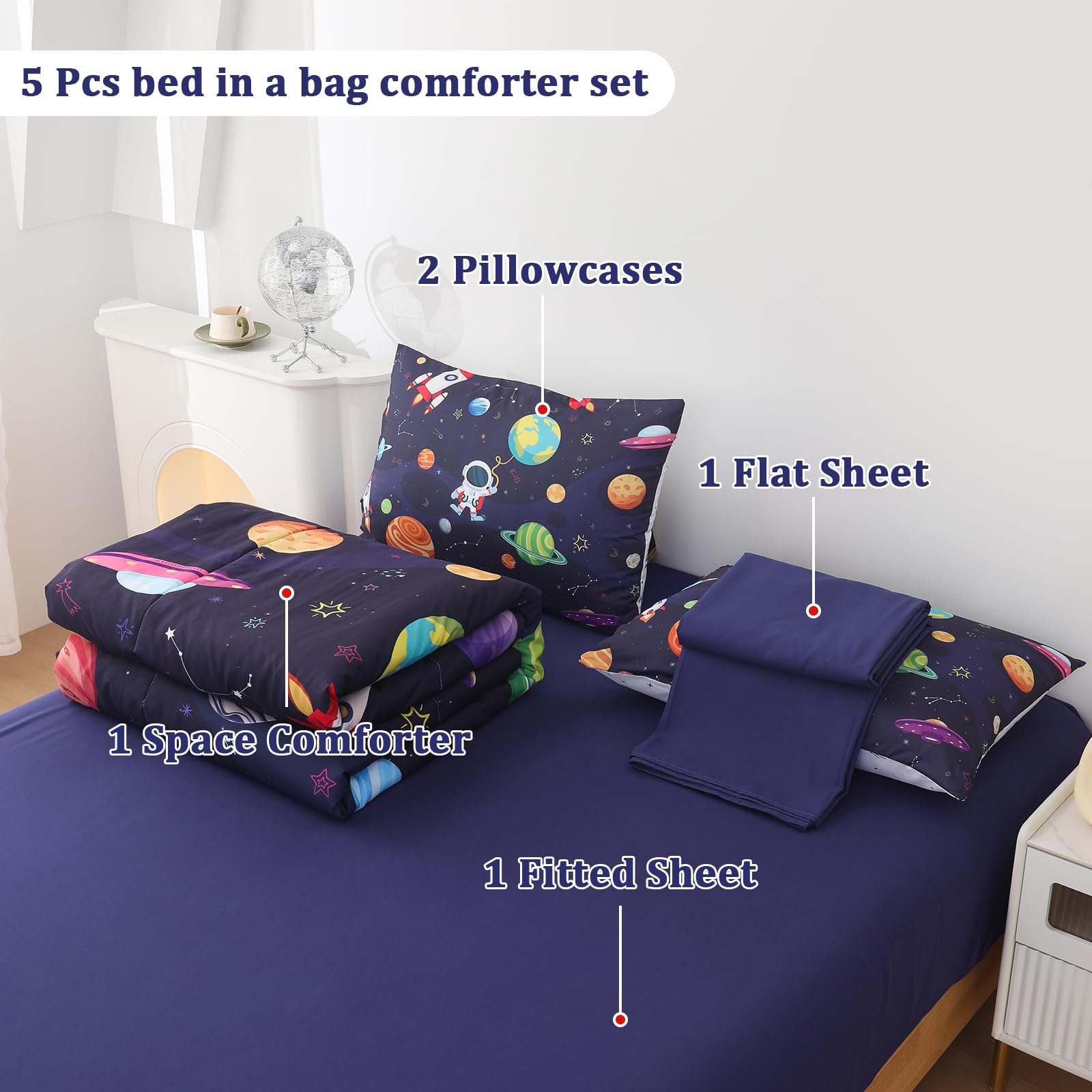 Twin Bedding Sets for Boys Space Bedding 5 Pieces,Teen Boys Bedding Space Ship Galaxy Bedding Twin Comforter Set with Sheets for All Season