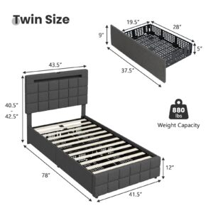 KOMFOTT Twin Bed Frame with Charging Station & LED Lights, Upholstered Platform Bed Frame with Adjustable Headboard & 4 Storage Drawers, Solid Wooden Slats Support, No Box Spring Needed, Noise Free