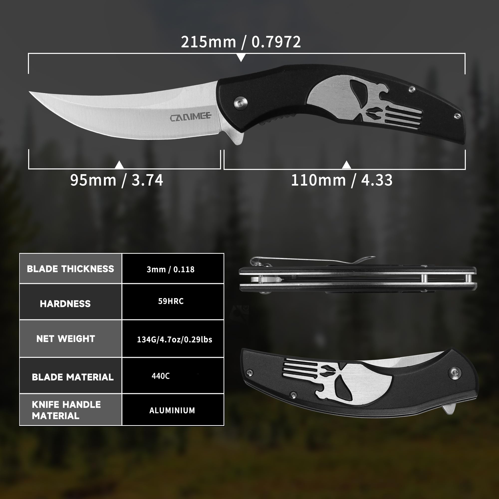 Pocket Knife 3.74", 440C High Carbon Stainless Steel Blade, Stainless Steel Handle, with Deep Carry Pocket Clip, Outdoor EDC Knife for Camping, Hiking, Fishing, Black Coated