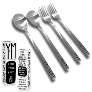 toddler spoons and forks for self feeding | 4pc stainless steel utensils engraved with positive words to encourage eating | ages 2-6 kids utensils