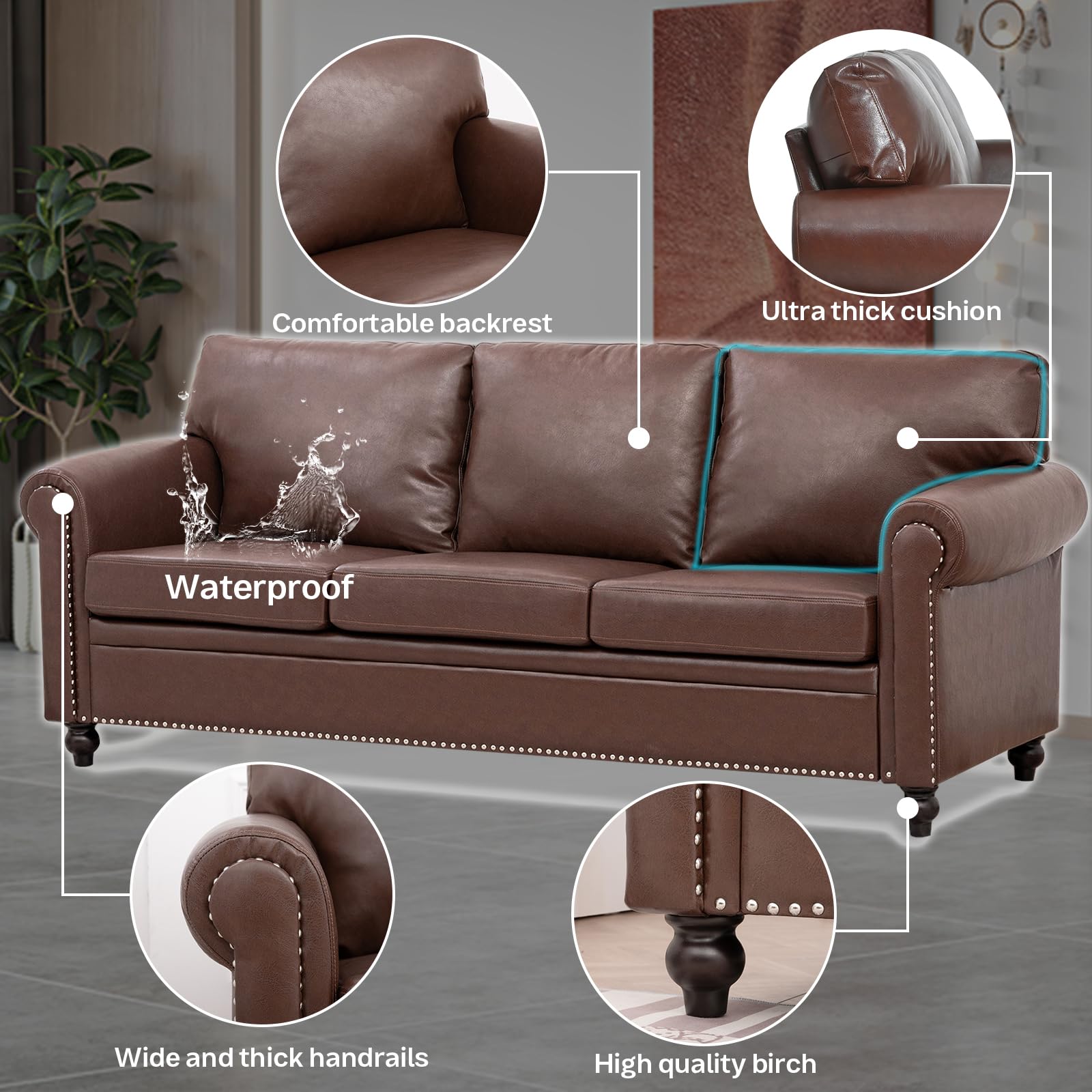 INOTEVERITORY Brown Leather Couch，Comfy Classic 3 Seater Living Room Sofa，Mid-Century Modern Sofa with Detachable Cushions 84" for Living Rooms, Bedrooms, Offices,Apartments Tool-Free Assembly