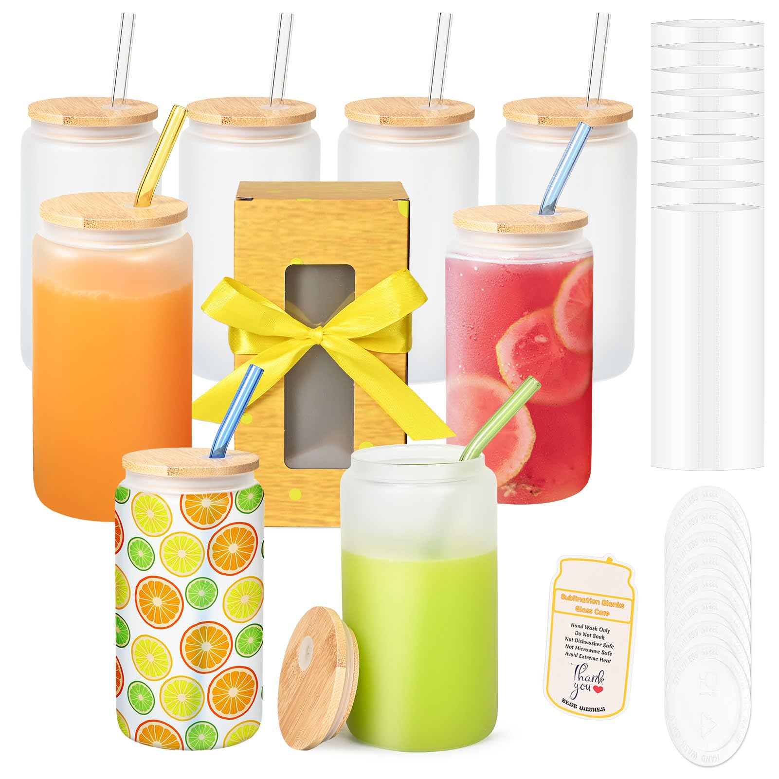 Sublimation Glass Blanks With Bamboo Lid, 16OZ Frosted Sublimation Beer Can Glass with Glass Straws Present Box Mason Jar Cups (8 PACK, Frosted)