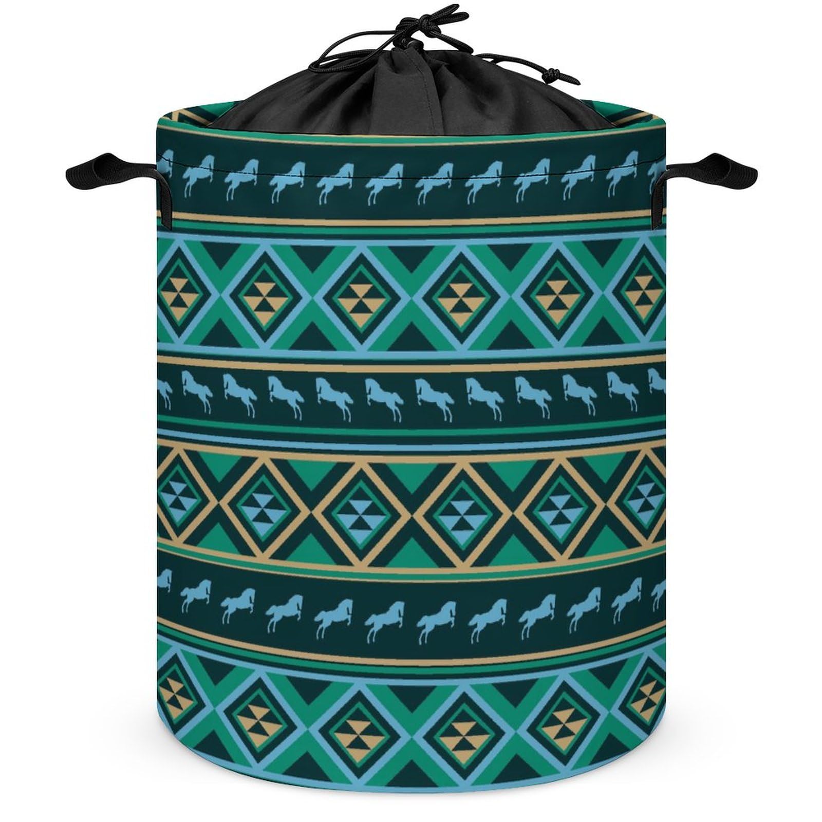 Large Laundry Basket, Teal Green Native American Tribal Ethnic Western Horse Collapsible Drawstring Laundry Hamper, Waterproof Storage Baskets with Handles for Household Bedroom, Bathroom, Dorm