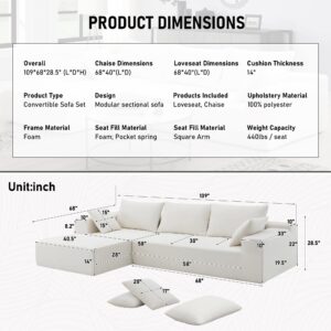 Yoglad L Shaped Sectional Sofa Set, 4-Seat Upholstered Couch,Free Combination Sofa, for Living Room,Bedroom,Office,Apartment (109IN,White Chenille)