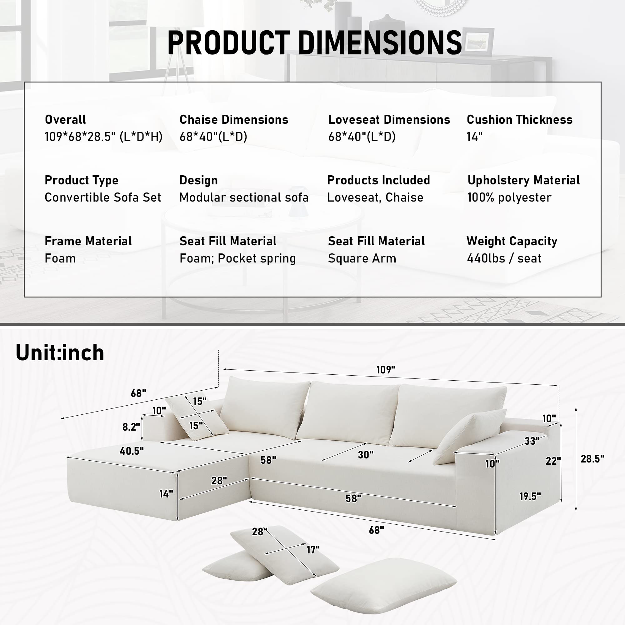 Yoglad L Shaped Sectional Sofa Set, 4-Seat Upholstered Couch,Free Combination Sofa, for Living Room,Bedroom,Office,Apartment (109IN,White Chenille)