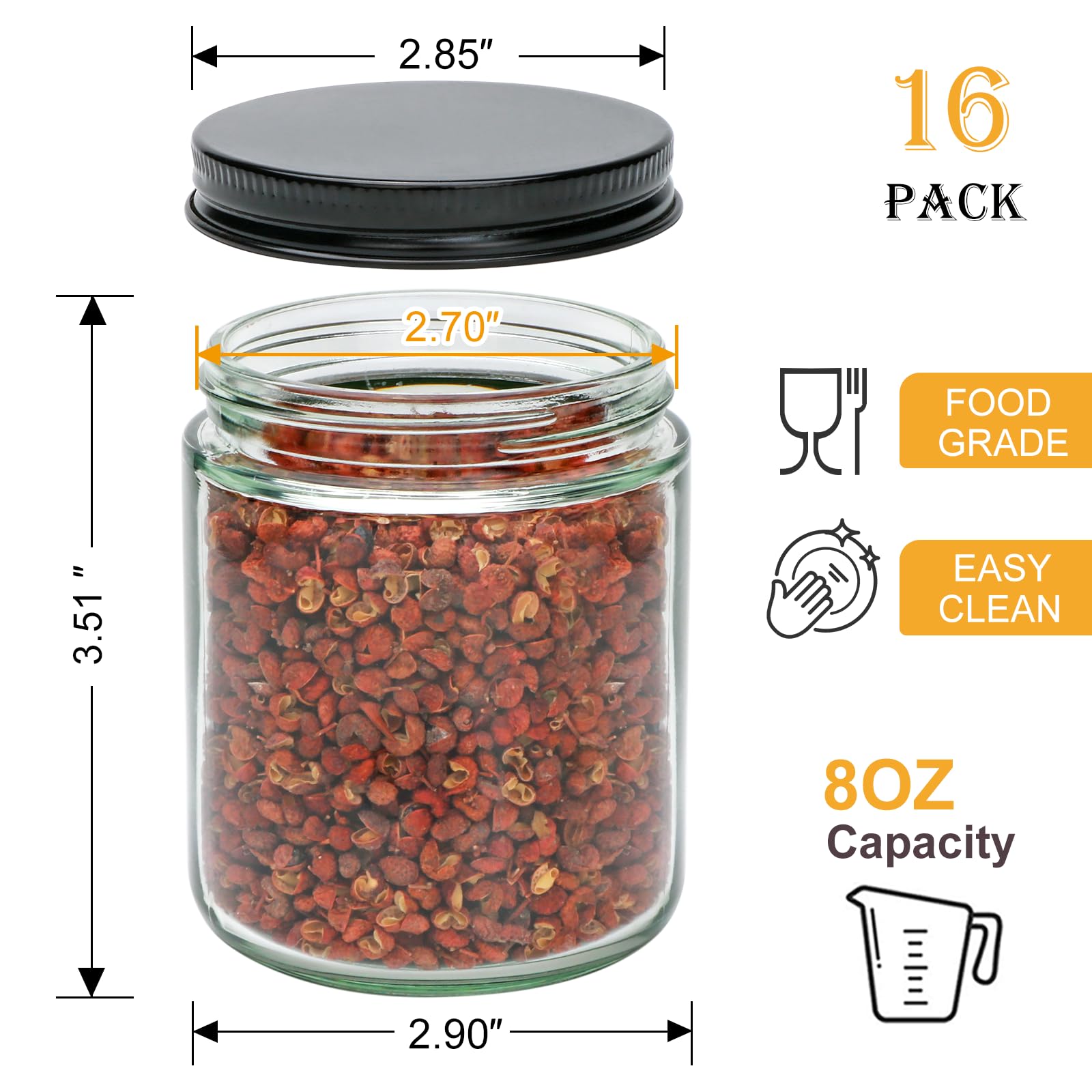 Salzesfalls 16 Pack 8oz Glass Jars with Lids,Glass Candle Making Jars,Clear Round Candle Jars with Lids,Mason Jars,Canning Jars,Food Storage Container for Spices, Honey, Jam, Candy