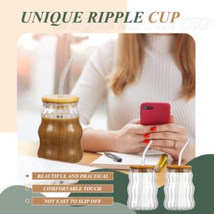 Domensi 2 Pcs 18 oz Creative Glass Cups with Lids and Straws Wave Shape Cute Drinking Cups Ribbed Cups Glass Tumblers Cups Vintage Ripple Glassware for Cocktail Juice Iced Coffee Tea Soda Milk