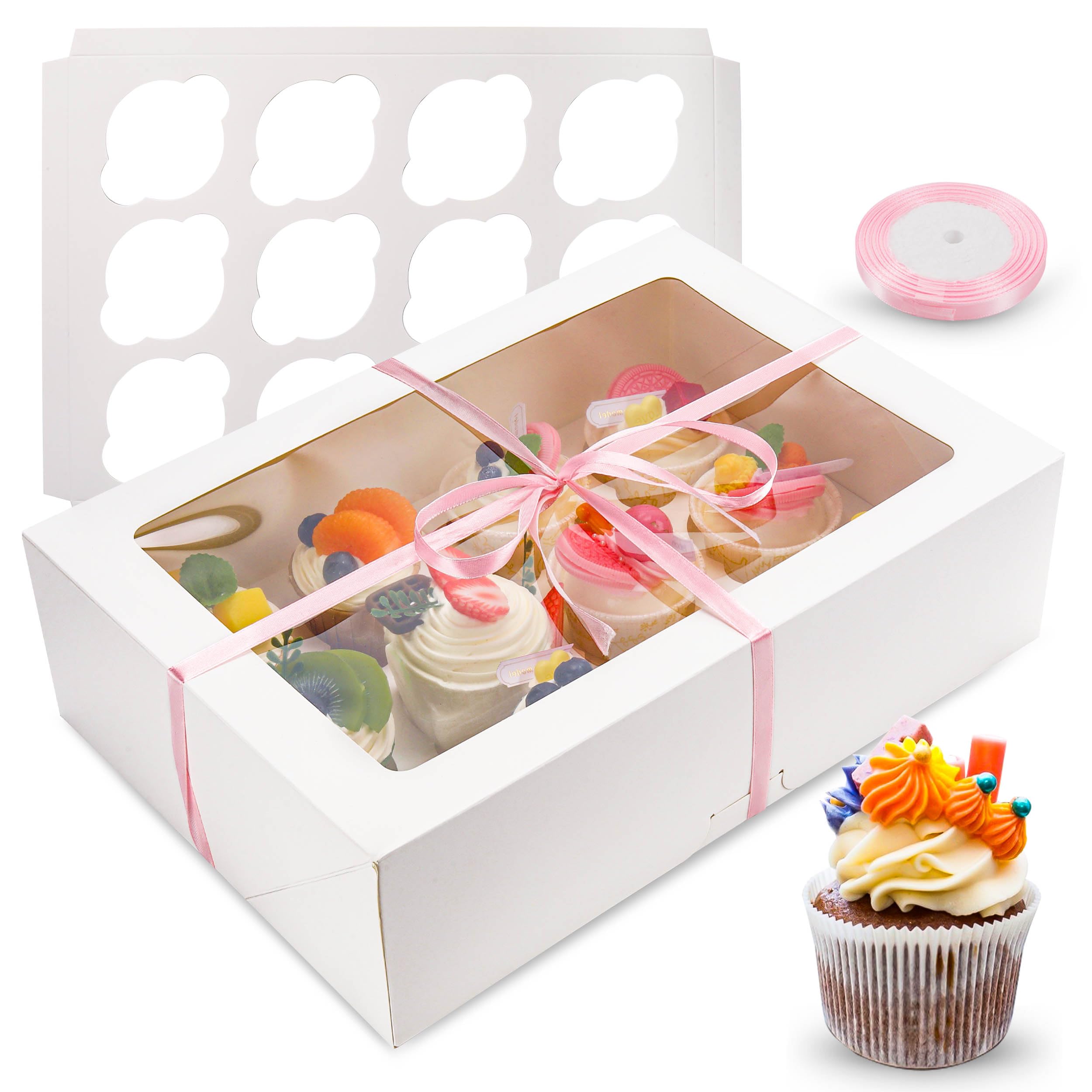 NPLUX Cupcake Boxes 6 Packs,White Dozen Cupcake Containers with Window Fit 12 Cupcakes or Muffins with Ribbon