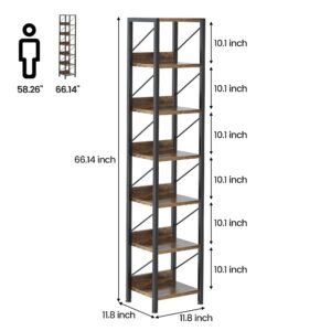 IDEALHOUSE Bookshelf Narrow Bookcase Tall Skinny Storage Rack Shelf 6 Tier Standing Bookshelves Metal Frame Rustic Display Racks Industrial Book Shelf for Bedroom, Living Room, Home Office