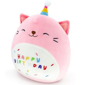 FAFVBING 9 inch Birthday Plush Pillow, Soft Plush Toy, Cute Pink Stuffed Animal, Home Room Decoration, Birthday Gift for Kids Toddlers (Cat Cap)