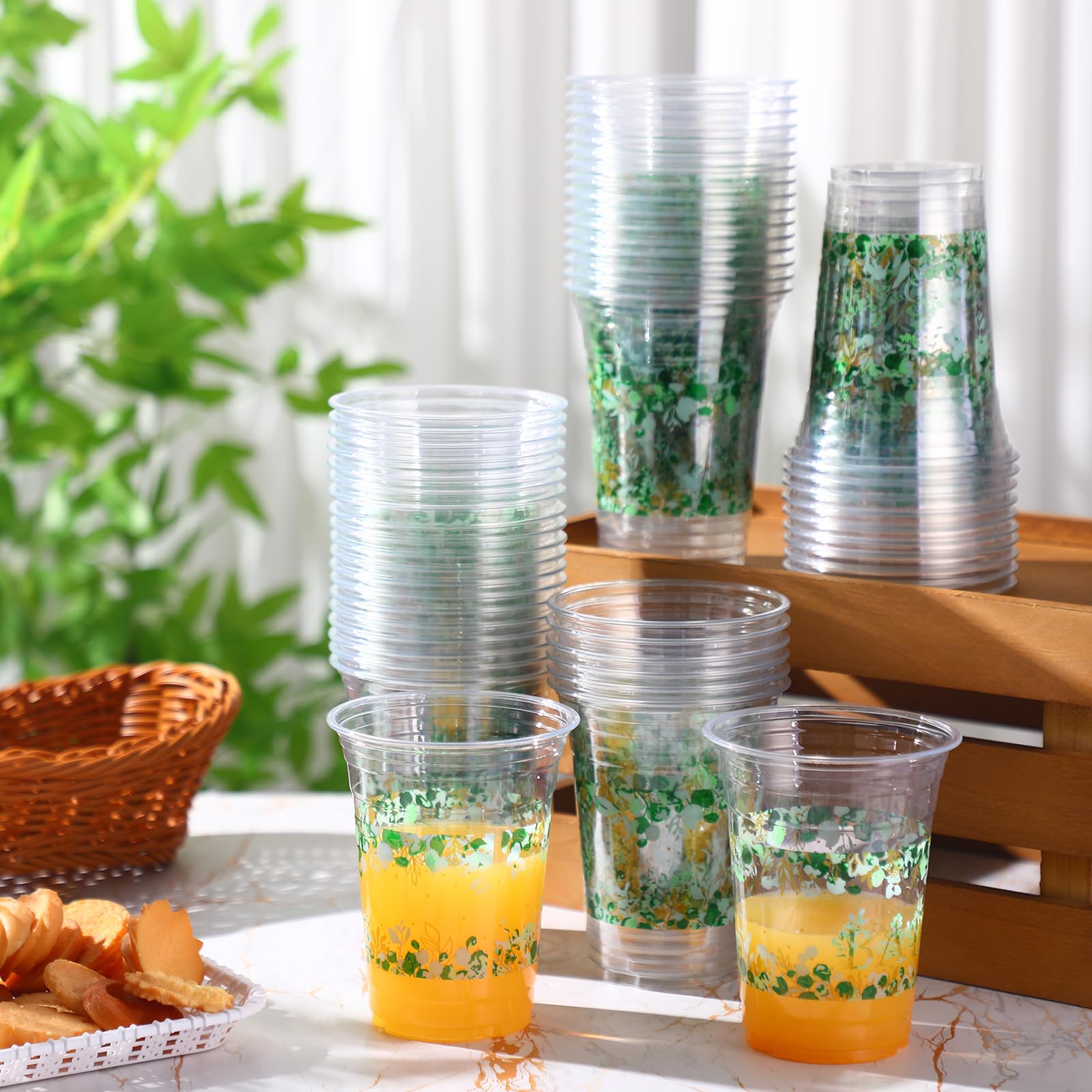 Jinei 60 Pcs Eucalyptus Baby Shower Supplies 16 oz Baby Shower Plastic Cups Bulk Sage Green Baby Shower Disposable Cups for Baby Shower Birthday Party Favors Gender Reveal Decoration