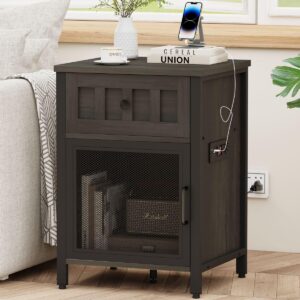 fatorri end table with charging station, farmhouse side table with drawer, rustic wood and metal nightstand and bedside tables for living room (walnut brown)