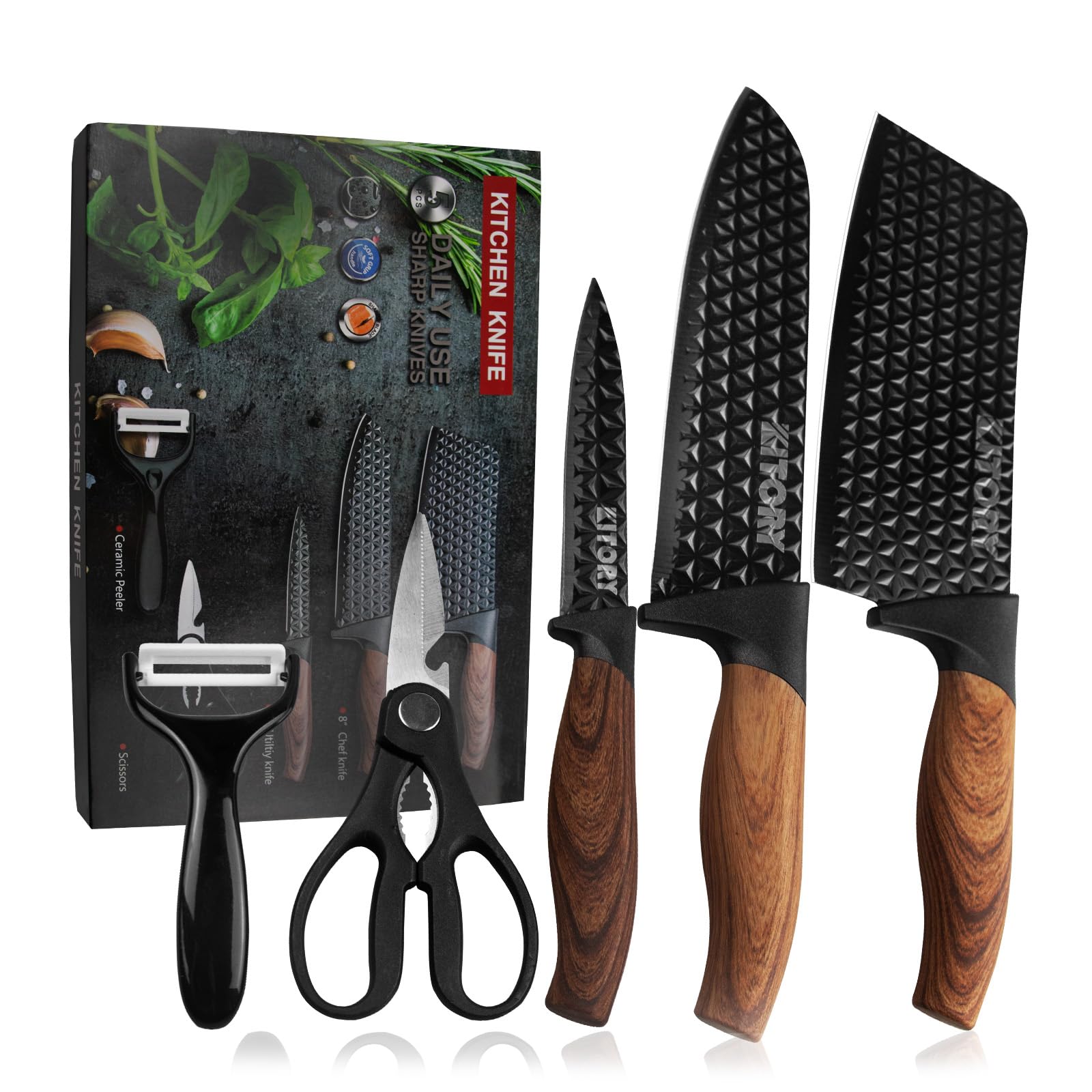 Kitory Cleaver Knife Set, 5 pcs Non-Stick Japanese Kitchen Boxed Knife Set, includes Cleaver, Santoku Chef knife, Paring Utility Knife, Ceramic Peeler and Kitchen Scissors, 2024 Kitchen Gifts