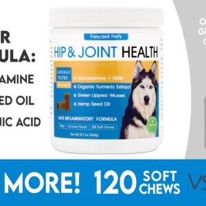 Freydell Pet's Dog Hip and Joint Chews for Large Breeds - Glucosamine, Hemp Seed Oil, Organic Turmeric Extract & Chondroitin Chews - Dog Joint Supplements & Vitamin C for Dogs - Extended Joint Care