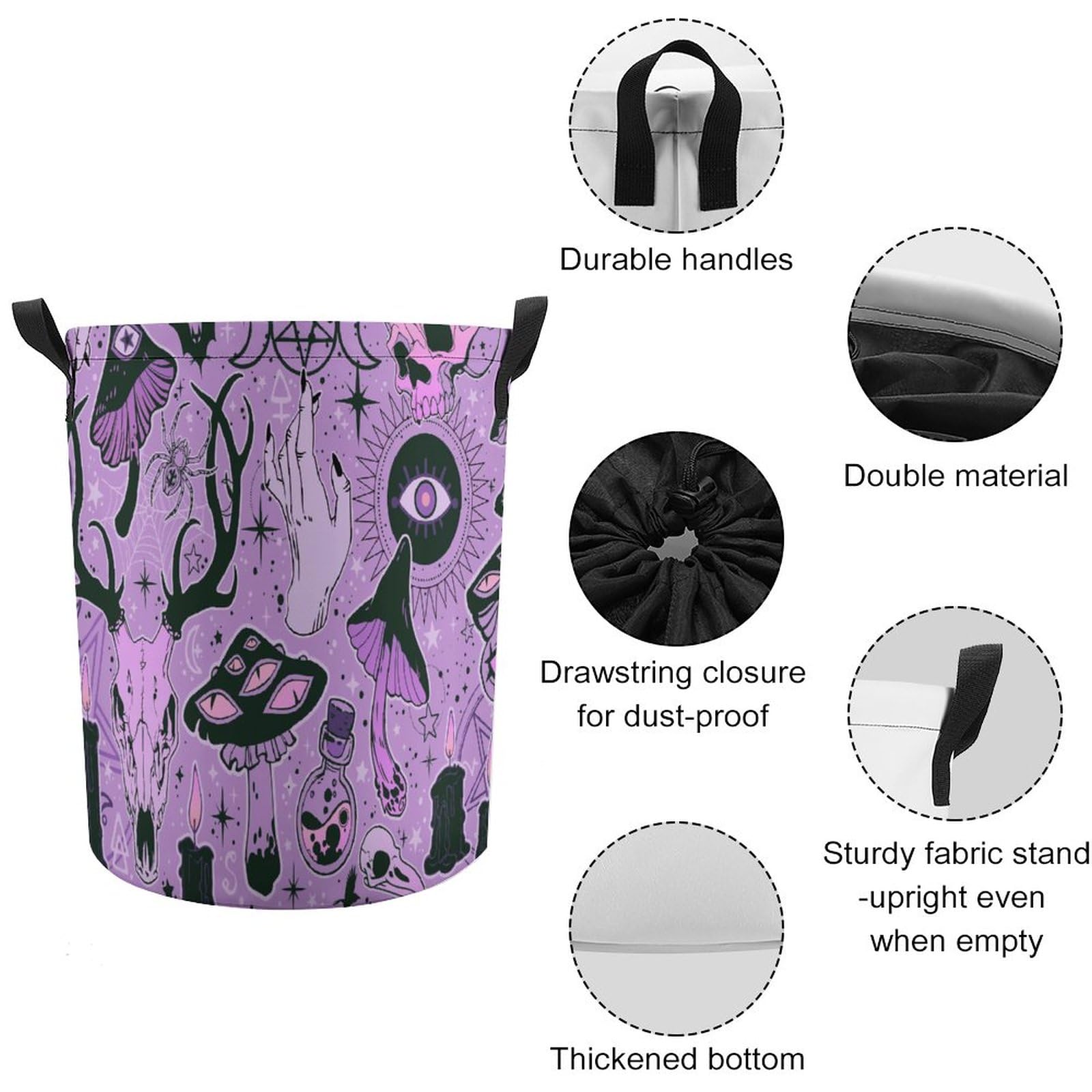 Large Laundry Basket Witch Witchcraft Goth Skull Mushroom Laundry Hamper with Drawstring, Collapsible Waterproof Laundry Bag for Dirty Clothes, Toys, Bedroom, Bathroom