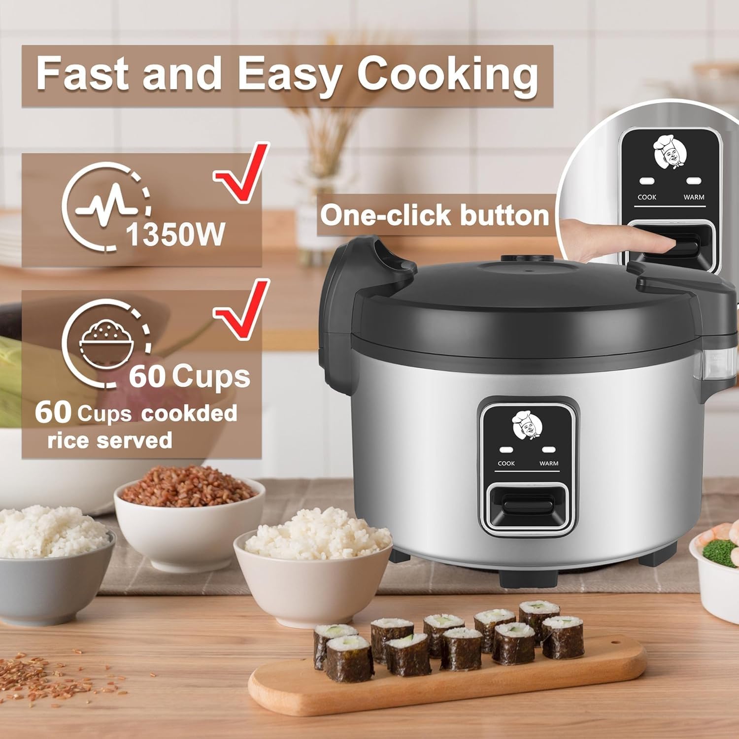 DAZITN 13L Commercial Rice Cooker & rice warmer 60 CUPS Cooked Rice(30-CUPS RAW RICE)| 1350W Fast cooking | Auto turn warming | Large Capacity Rice Cooker for Restaurant (Black)