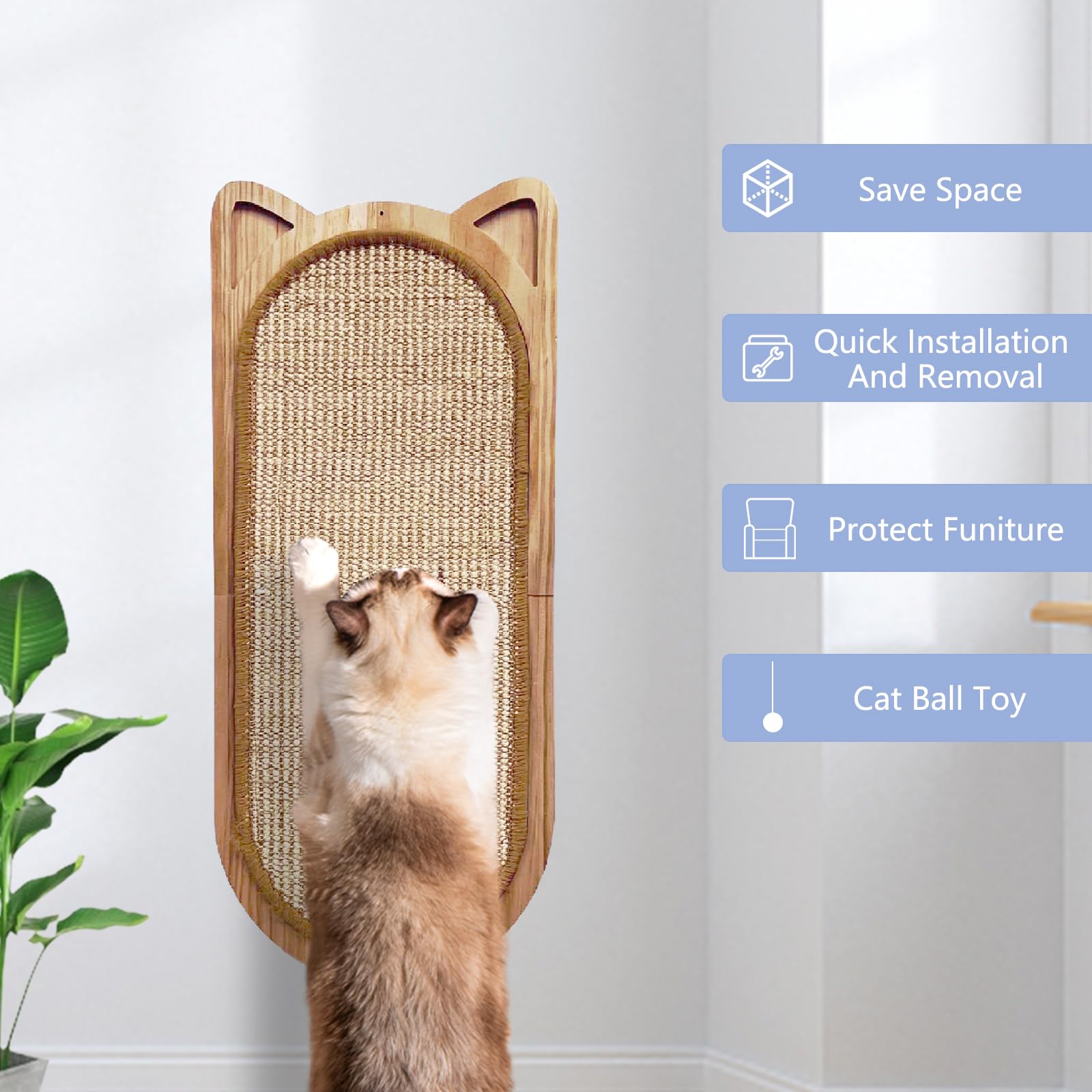 Cat Wall Scratching Post, Sisal Cat Wall Scratcher with Cat Ball Toy, Folding Wall Mount Cat Scratcher, Wood Cat Scratching Board for Couch Protector, Cat Wall Furniture for Cats