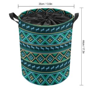 Large Laundry Basket, Teal Green Native American Tribal Ethnic Western Horse Collapsible Drawstring Laundry Hamper, Waterproof Storage Baskets with Handles for Household Bedroom, Bathroom, Dorm