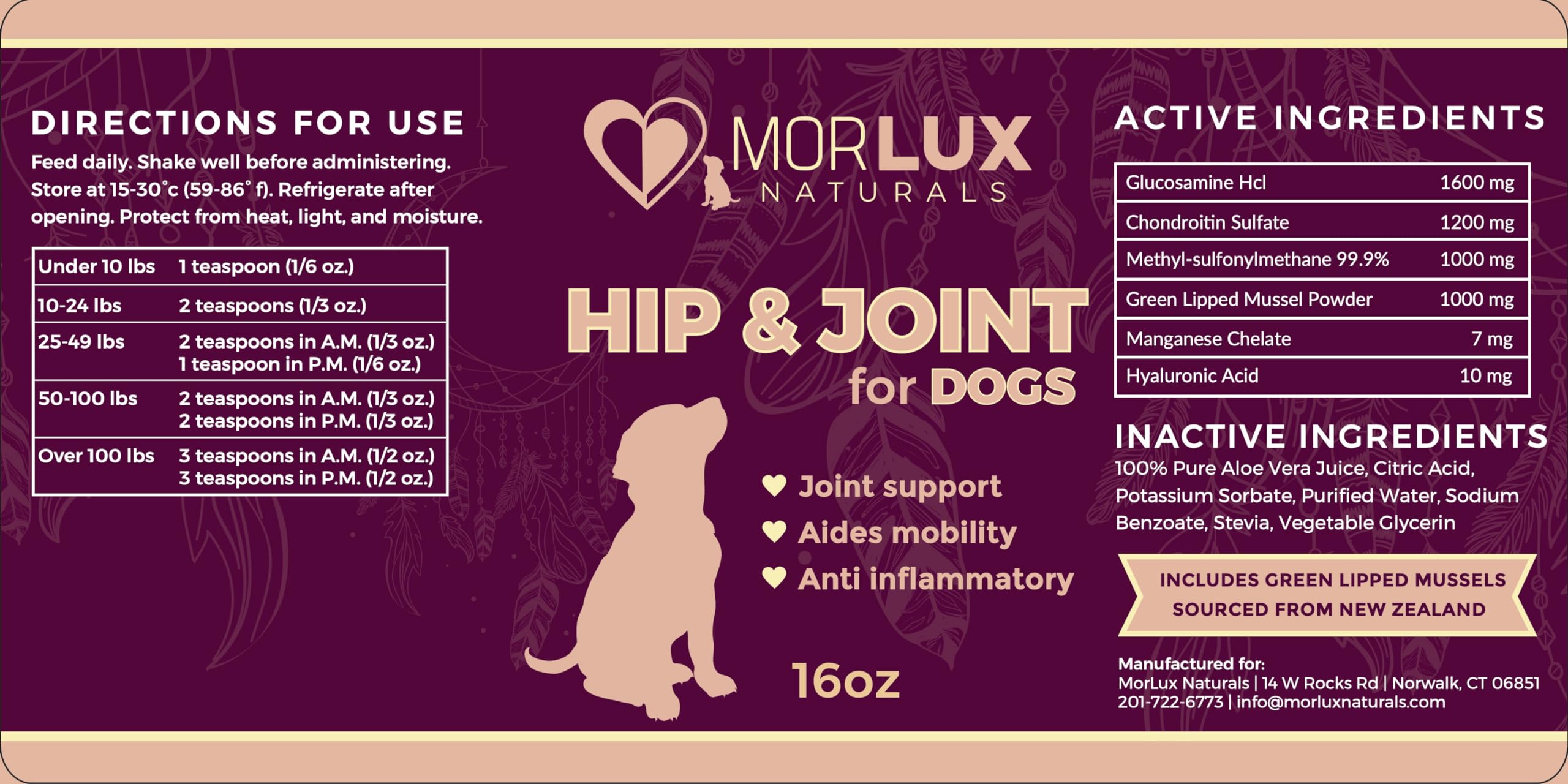 Morlux Naturals Liquid Glucosamine for Dogs, Hip & Joint Supplement w/MSM, Chondroitin, Omega 3, Hyaluronic Acid, All Breeds Green-Lipped Mussel for Improved Flexibility & Mobility, Made in USA, 16 Oz