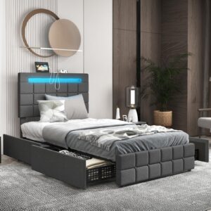 KOMFOTT Twin Bed Frame with Charging Station & LED Lights, Upholstered Platform Bed Frame with Adjustable Headboard & 4 Storage Drawers, Solid Wooden Slats Support, No Box Spring Needed, Noise Free