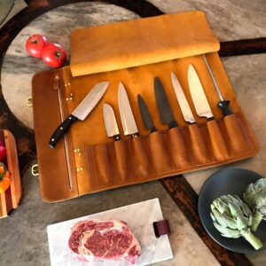 MARION LE KANGOU Made of Genuine Calf Top Grain Leather - Handcrafted Professional Chef Knife Storage Roll Bag - 8 Pockets - Detachable Shoulder Strap - Zippered Interior Pocket