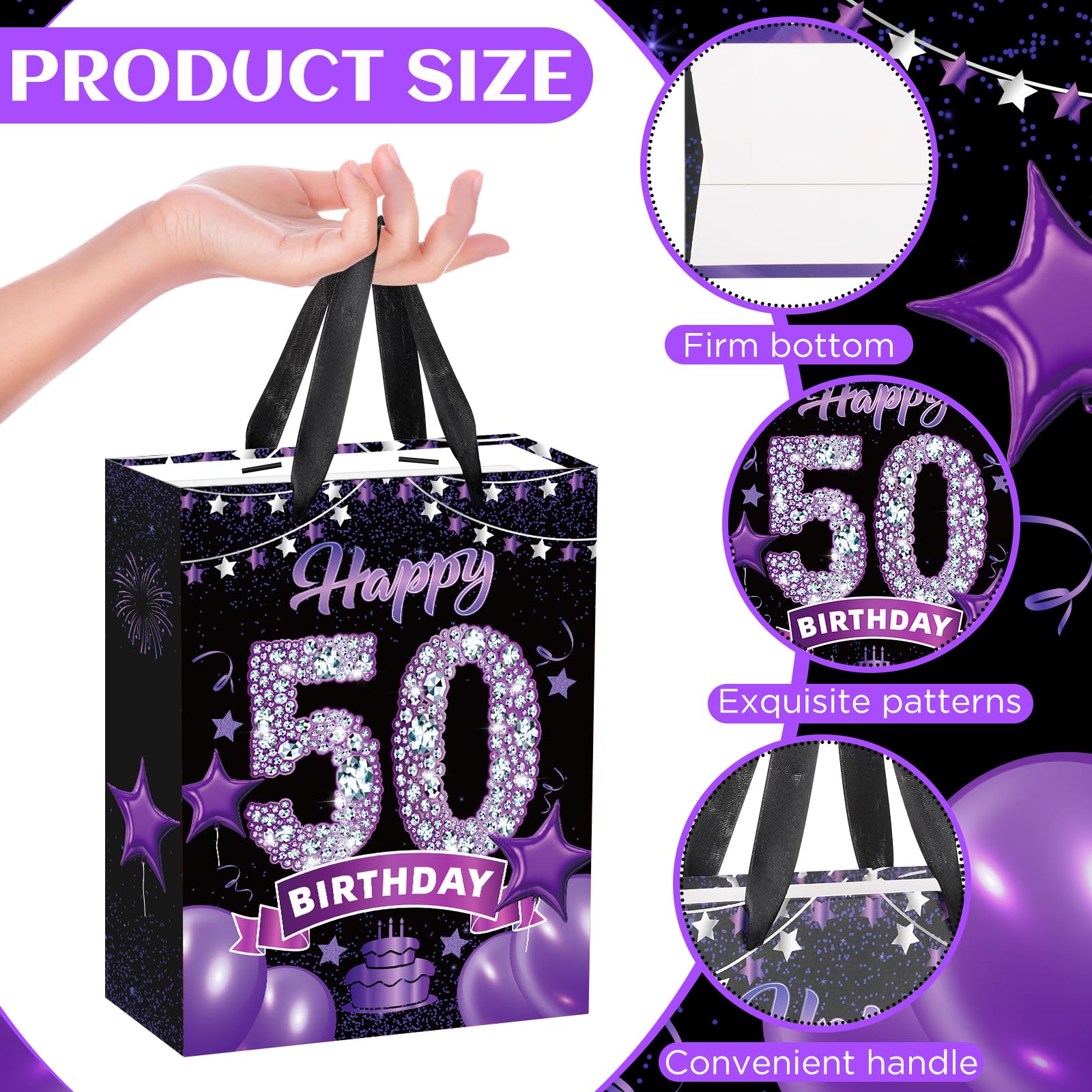 Black Purple 50th Birthday Gift Bag with Happy 50th Birthday Greeting Card and Tissue Paper for Women Black Purple 50th Birthday Gift Wrap Bag with Handles for 50th Birthday Party Decorations Supplies