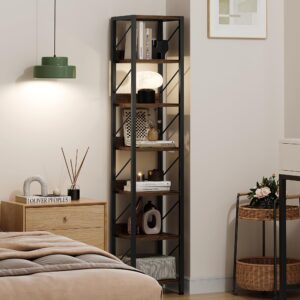 IDEALHOUSE Bookshelf Narrow Bookcase Tall Skinny Storage Rack Shelf 6 Tier Standing Bookshelves Metal Frame Rustic Display Racks Industrial Book Shelf for Bedroom, Living Room, Home Office