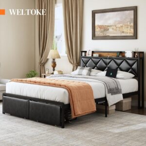 WELTOKE Full Size Bed Frame with Storage Headboard and Drawers, Black Upholstered Leather Bed with 2 Socket Charging Station, No Box Spring Needed