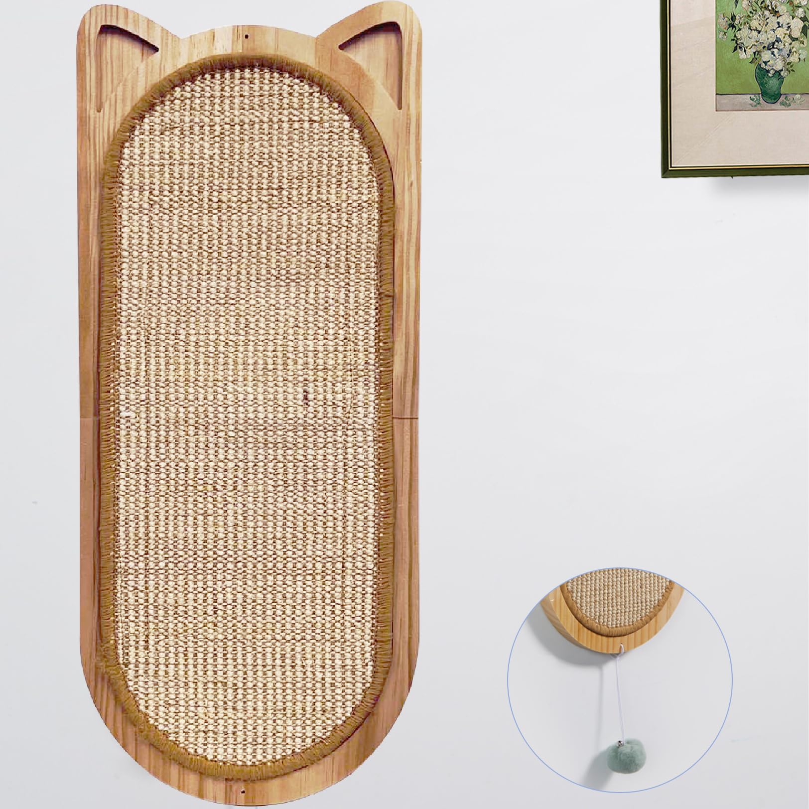 Cat Wall Scratching Post, Sisal Cat Wall Scratcher with Cat Ball Toy, Folding Wall Mount Cat Scratcher, Wood Cat Scratching Board for Couch Protector, Cat Wall Furniture for Cats