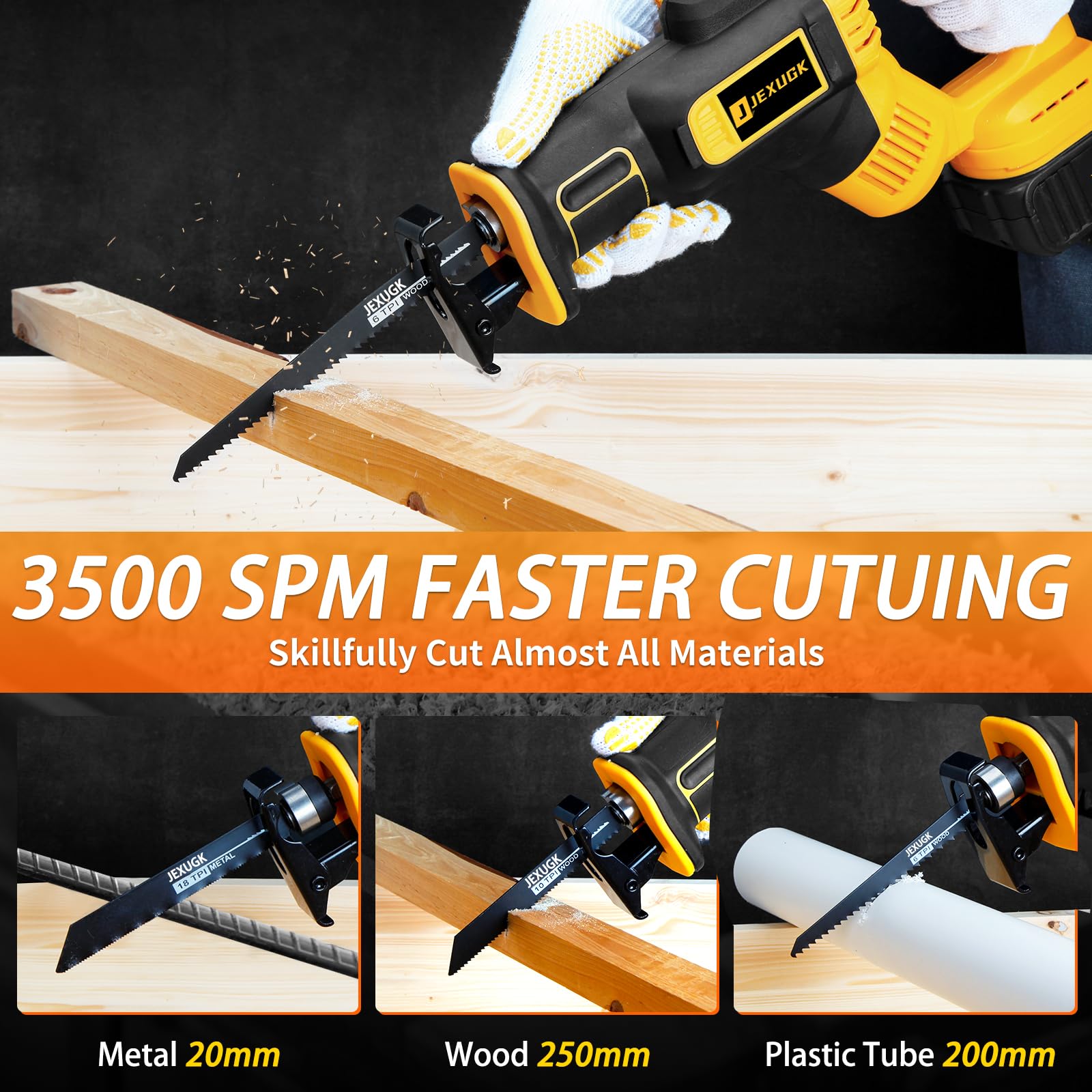 JEXUGK Reciprocating Saw Cordless, 21V 2 x 4.0Ah Battery Brushless Power Cordless Saw, 0-3500 SPM Variable Speed, 8 Saw Blades & Fast Charger Reciprocating Saws for Wood/Metal/PVC Cutting