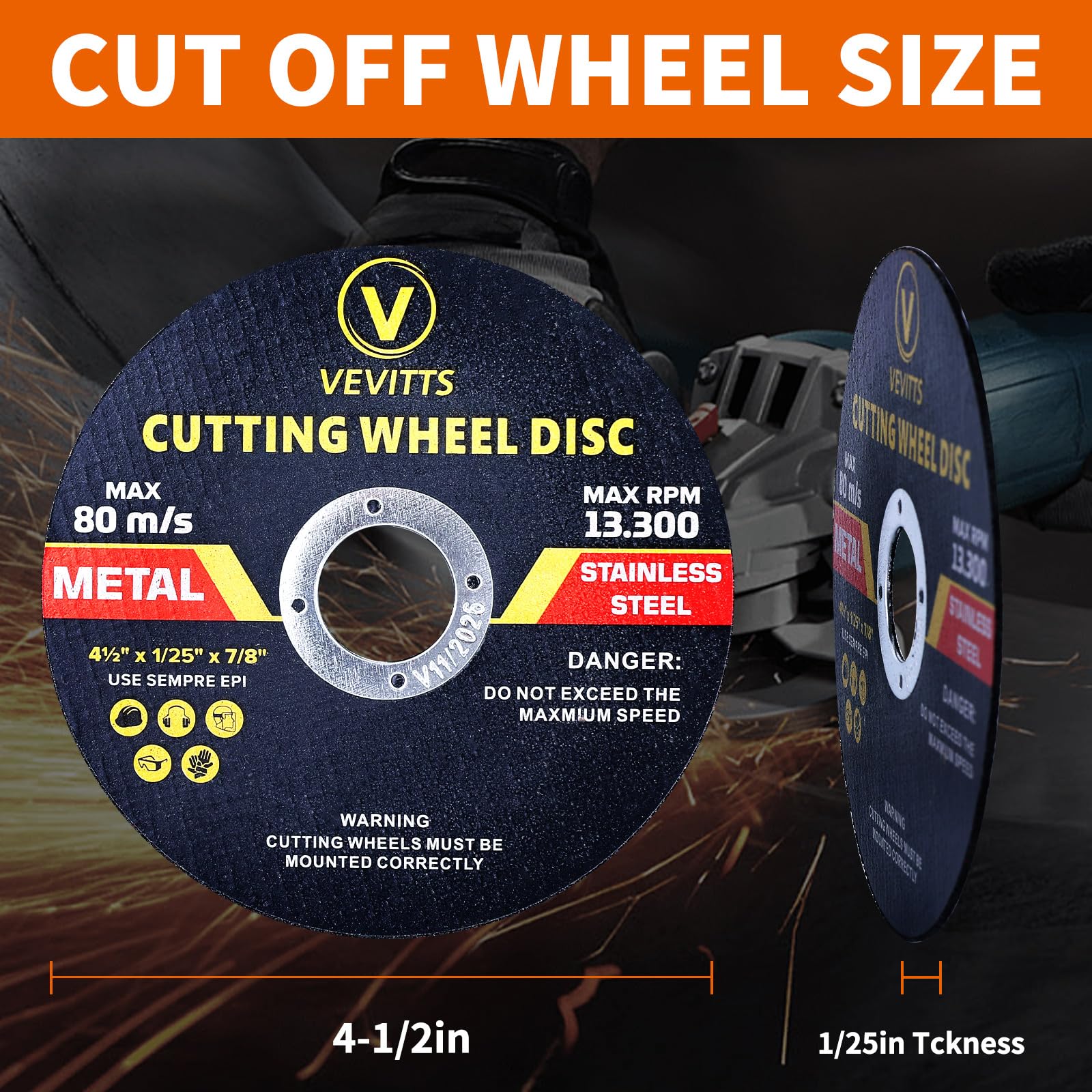 Vevitts 100 Pack Cut Off Wheels 4 1/2 inch, Cutting Wheel, Thin Cutting Disc Die Grinder Cut-Off Wheel for Angle Grinder Metal & Stainless Steel Rotary Tool Drill Attachment 4-1/2" x 1/25" x 7/8"