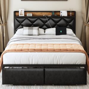 weltoke full size bed frame with storage headboard and drawers, black upholstered leather bed with 2 socket charging station, no box spring needed