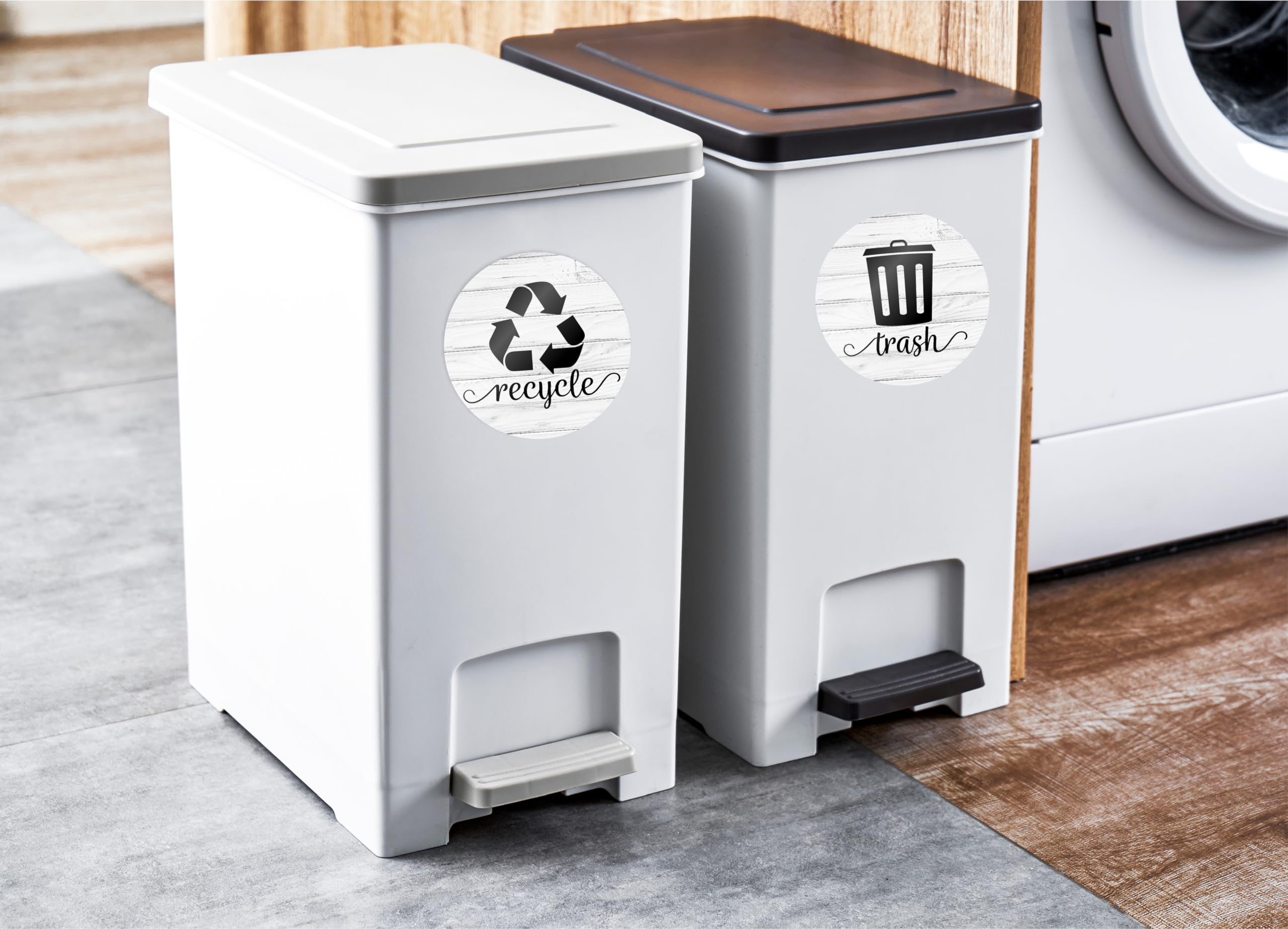 Farmhouse Recycling Stickers for Trash Can, 3.5" Trash and Recycle Stickers, Laminated Recycle Stickers for Trash Bins, Recycle Sticker for Kitchen Trash Cans Recycling Bin Combo, Rustic White Wood