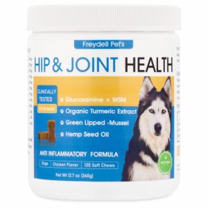 freydell pet's dog hip and joint chews for large breeds - glucosamine, hemp seed oil, organic turmeric extract & chondroitin chews - dog joint supplements & vitamin c for dogs - extended joint care