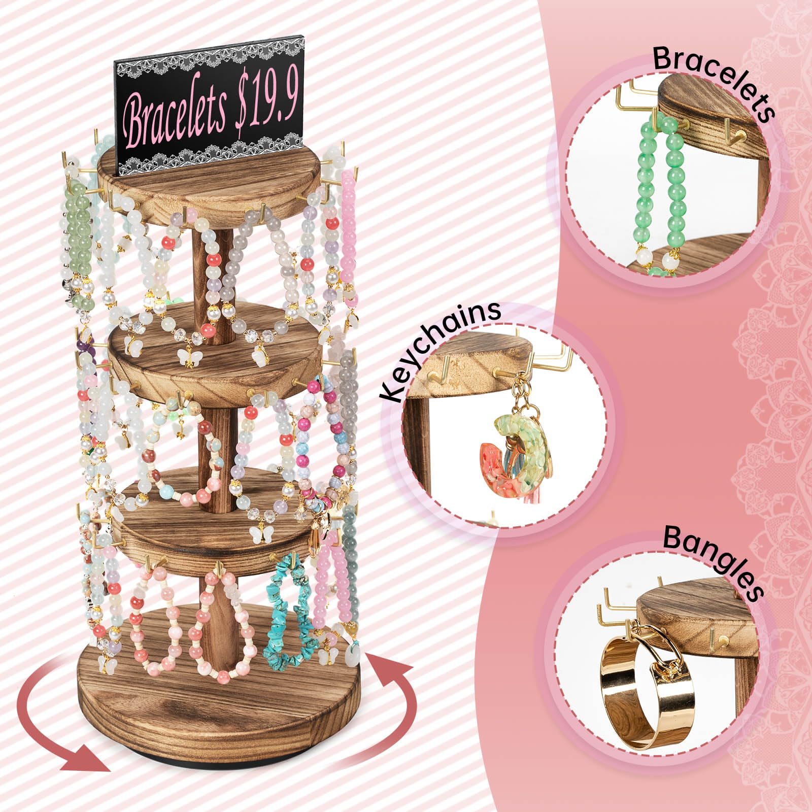 Pinzoveco Bracelet Holder, 3 Tier Wooden Rotating Bracelet Display Stand, Tree Stand Vendor Booth Display with Adversitsing Board, 36 Hooks for Bracelet, KeyChain Display Stands for Selling, Brown (Patent Pending)