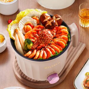 Rixhbvn Hot Pot Electric with Steamer, Rapid Noodles Cooker,Non-Stick Electric Pot for Raman, Soup, Noodles, Steak, Oatmeal, Rapid, with Temperature control, (Rotary switch), 1.8L,Beige